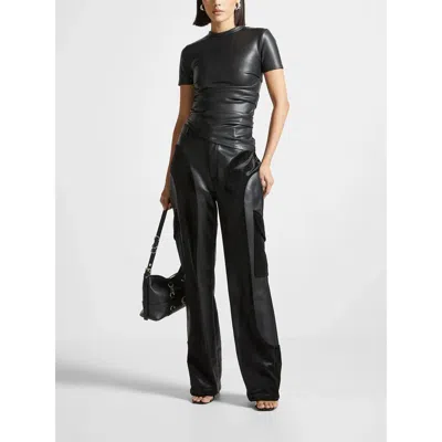 Manière De Voir Leather Ruched T-shirt In Black