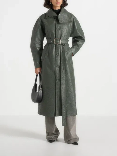 Manière De Voir Leyna Ostrich Hourglass Belted Coat In Green