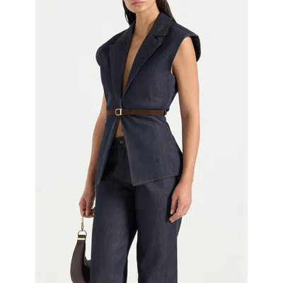 Manière De Voir Linda Denim Wide Shoulder Cinched Waistcoat In Black