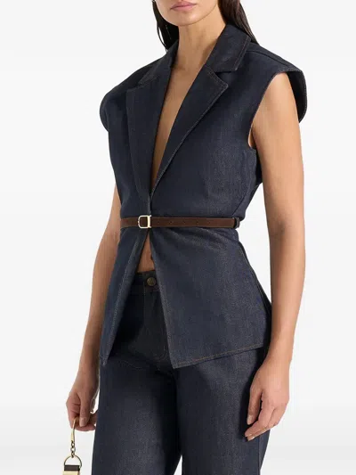 Manière De Voir Linda Denim Wide-shoulder Belted Waistcoat In Blue