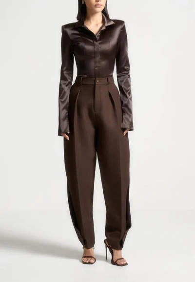 Manière De Voir Louise Wide Shoulder Satin Shirt Bodysuit In Brown