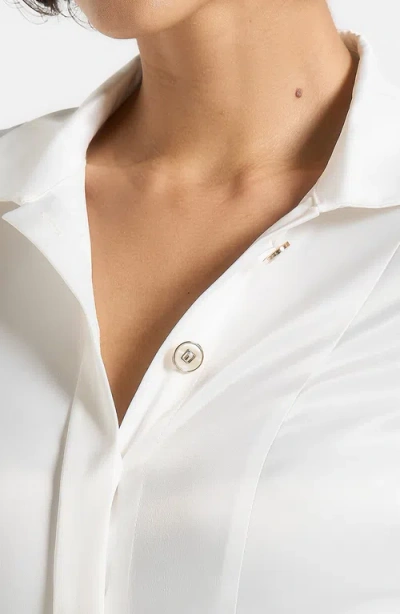 Manière De Voir Louise Wide Shoulder Satin Shirt Bodysuit In White
