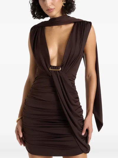 Manière De Voir Mirena In Brown Ruched Open-back Mini Dress With Scarf