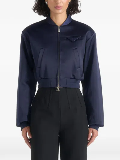 Manière De Voir Monique Satin Wide-shoulder Bomber Jacket In Blue