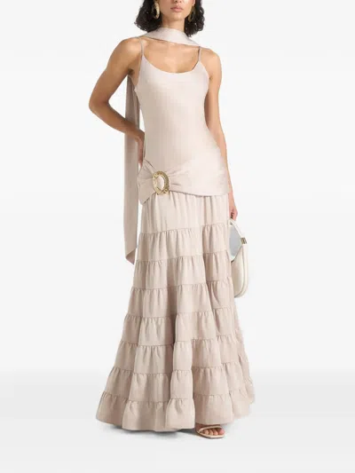 Manière De Voir Naomi In Champagne Cami Satin Tiered Belted Maxi Dress In Neutral