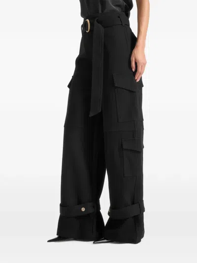 Manière De Voir Natalie In Black Belted Wide-leg Strap Cuff Cargo Pants