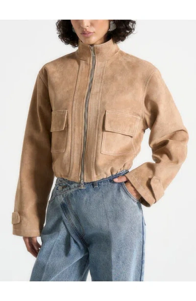 Manière De Voir Nawel Suede Contrast Stitch Jacket With Cinched Hem In Brown