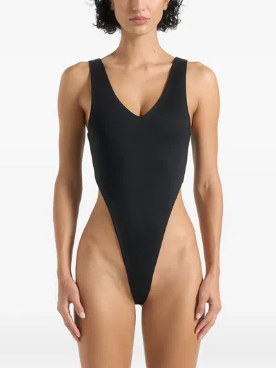 Manière De Voir Noa V-neck High-leg Bodysuit In Black