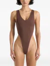 Manière De Voir Noa V-neck High-leg Bodysuit In Brown