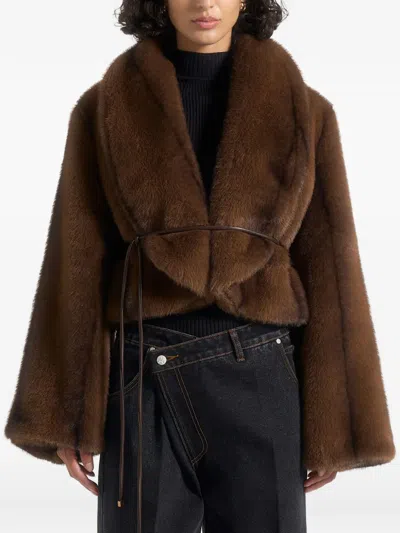 Manière De Voir Nola Fur Shawl Jacket With Leather Belt In Brown