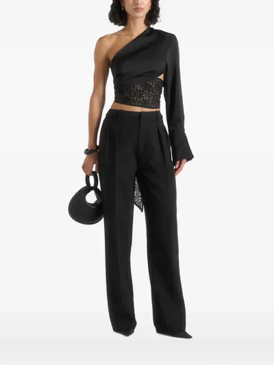 Manière De Voir One-shoulder Lace-panel Top In Black