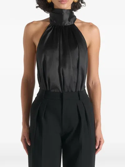 Manière De Voir Phoebe In Black Satin Tie-neck Blouson Open Back Bodysuit