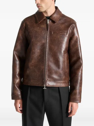Manière De Voir Point-collar Zip-front Leather Jacket In Brown