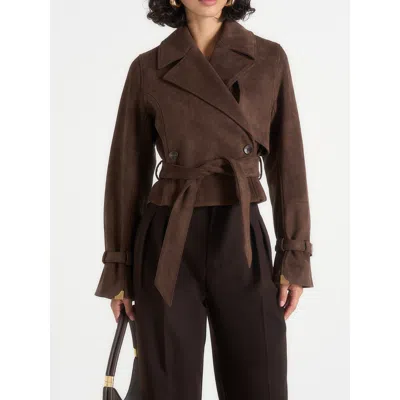 Manière De Voir Poppy Belted Cropped Suede Trench Jacket In Brown