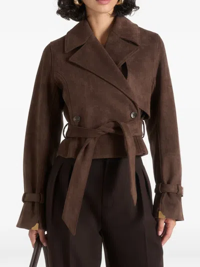 Manière De Voir Poppy Cropped Suede Belted Biker Jacket In Brown