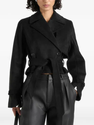 Manière De Voir Poppy In Black Cropped Suede Belted Biker Jacket In Multi