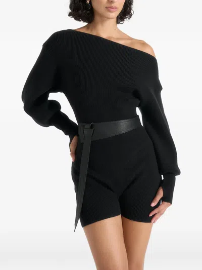 Manière De Voir Raya Off-shoulder Knitted Playsuit With Belt In Black