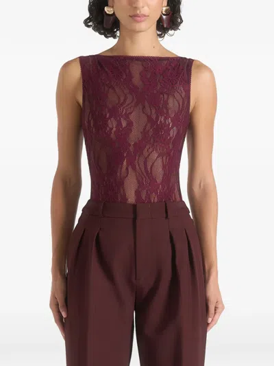 Manière De Voir Rhonda In Wine Open-back Lace Bodysuit In Burgundy