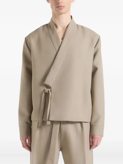 Manière De Voir Robin Textured-kimono Wrap Jacket In Neutral