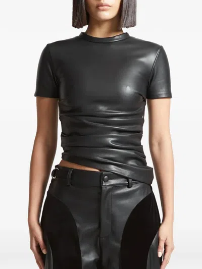 Manière De Voir Ruched Leather T-shirt In Black