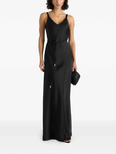 Manière De Voir Saffron In Black Satin Belted Maxi Dress