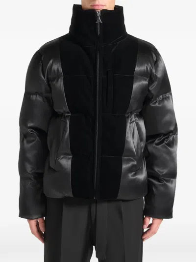 Manière De Voir Satin Velvet Panelled Puffer Jacket In Black