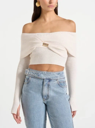 Manière De Voir Shana Asymmetric Bardot Top With Hardware Detail In White