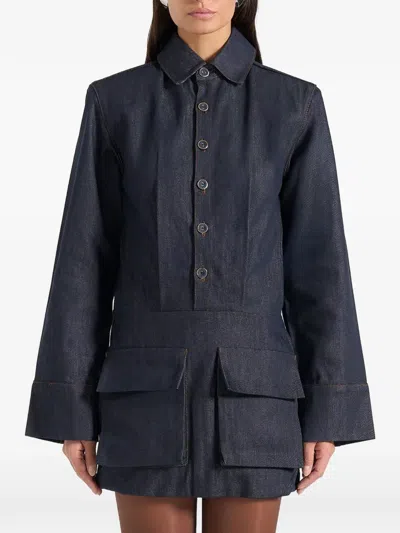 Manière De Voir Shoulder Pads Cargo Denim Dress In Blue