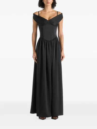 Manière De Voir Sia In Black Off-shoulder Satin Corset Maxi Dress