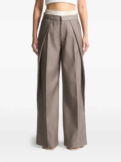 Manière De Voir Sofia Satin-waistband Pinstripe Trousers In Brown