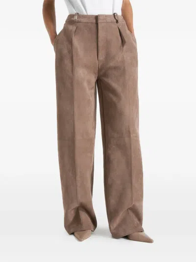 Manière De Voir Solene Suede Wide Leg Pleated Trousers In Brown