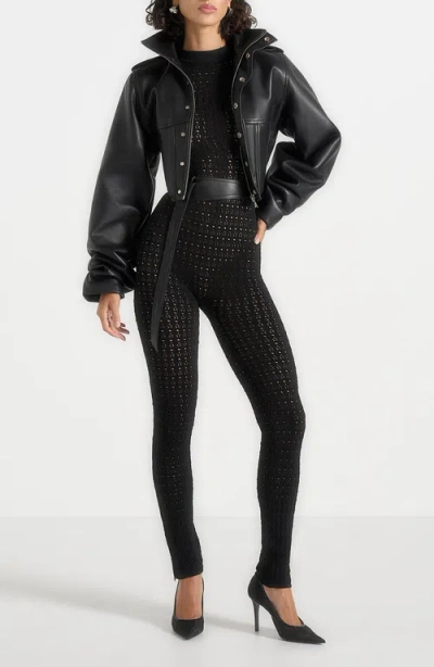 Manière De Voir Tiana Pointelle Knit Long Sleeve Jumpsuit With Belt In Black