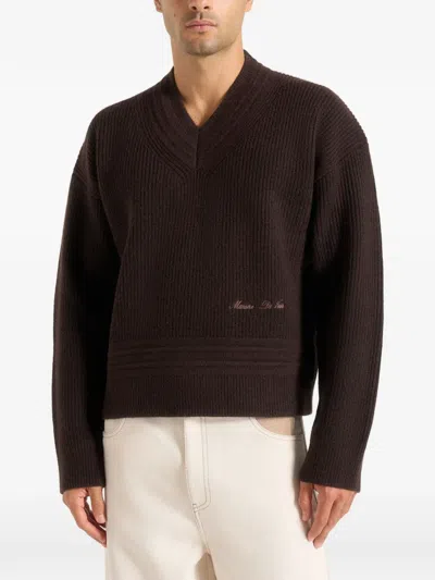 Manière De Voir V-neck Dropped-shoulders Knitted Sweater In Brown