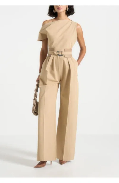 Manière De Voir Valerie Tailored Off Shoulder Jumpsuit With Belt In Neutral