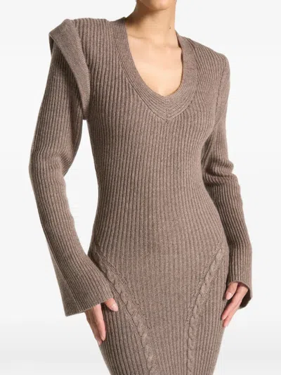 Manière De Voir Wide-shoulder Knitted Midi Dress In Brown
