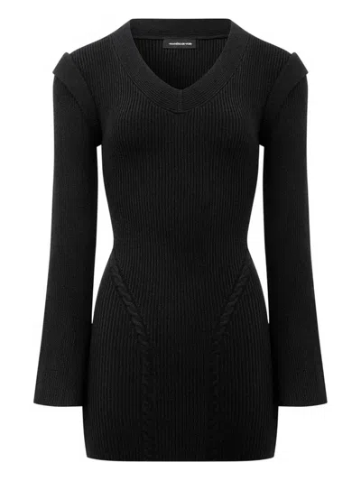 Manière De Voir Wide-shoulder Knitted Mini Dress In Black