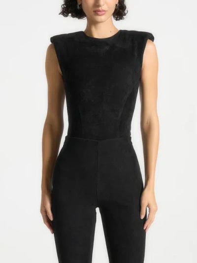 Manière De Voir Wide Shoulder Suede Bodysuit In Black