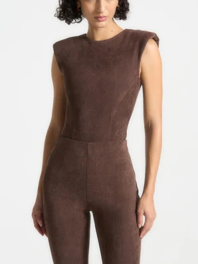 Manière De Voir Wide Shoulder Suede Bodysuit In Brown