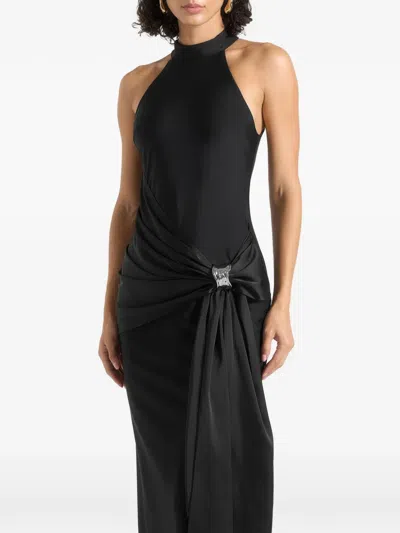 Manière De Voir Willow In Black Halter-neck Clasp-detail Satin-sash Maxi Dress
