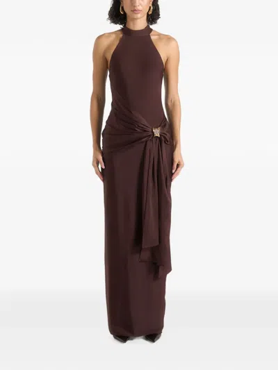 Manière De Voir Willow In Brown Halter-neck Clasp-detail Satin-sash Maxi Dress In Black