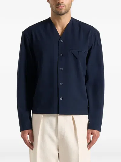 Manière De Voir Zac V-neck Chest-pocket Shirt In Blue