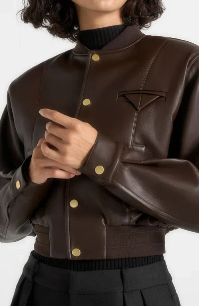 Manière De Voir Zina Leather Wide Shoulder Bomber Jacket In Brown