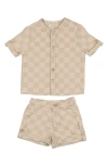 Maniere Manière Denim Check Shirt & Shorts Set In Brown