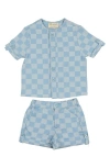 Maniere Babies' Manière Denim Check Shirt & Shorts Set In Blue