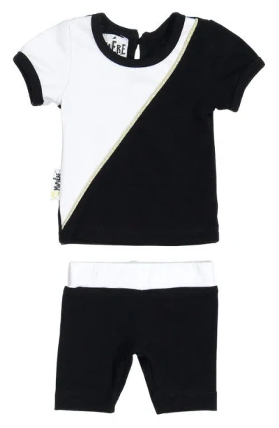 Maniere Babies' Manière Diagonal Colorblock T-shirt & Pull-on Shorts Set In Black