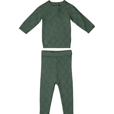 Maniere Manière Diamond Pointelle Sweater & Pants Set In Pine