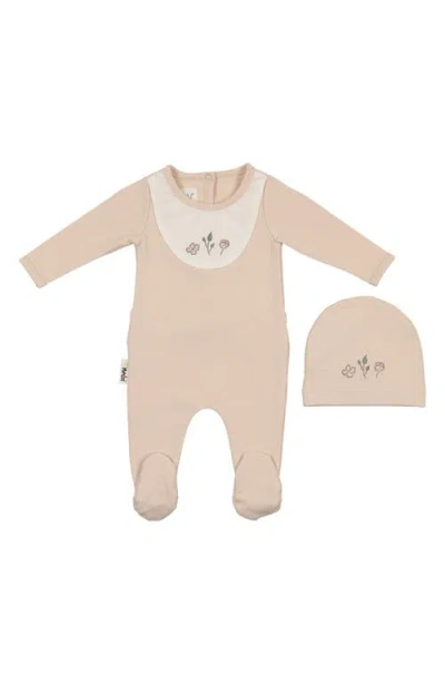 Maniere Babies' Manière Embroidered Bib Cotton Blend Footie In Brown