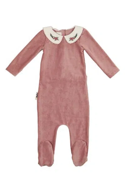 Maniere Babies' Manière Embroidered Collar Rib Velour Footie In Burgundy