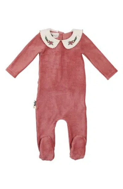 Maniere Babies' Manière Embroidered Collar Rib Velour Footie In Pink