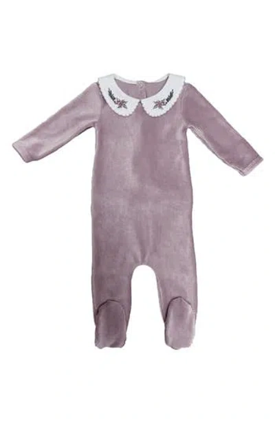Maniere Babies' Manière Embroidered Collar Rib Velour Footie In Purple